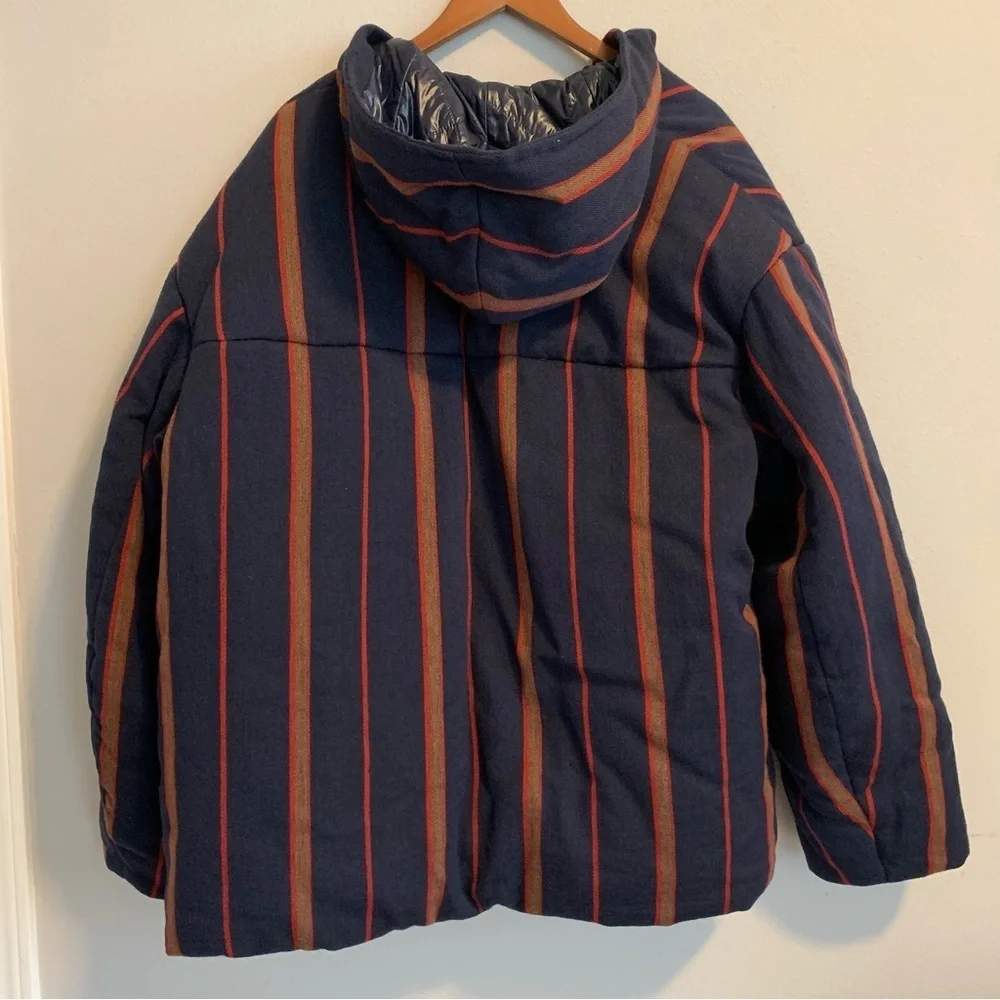 DRIES VAN NOTEN Down Reversible Puffer Jacket XL Cotton Linen Navy Stripes NWT